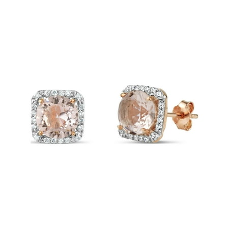 7mm Round Simulated Morganite with White CZ 18kt Rose Gold over Sterling Silver Square Halo Earrings