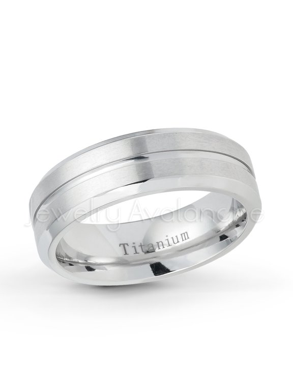 7mm Satin Finish White Titanium Ring - Grooved Center Comfort Fit Titanium Wedding Band - TM540s11