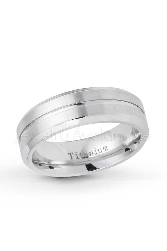 7mm Satin Finish White Titanium Ring - Grooved Center Comfort Fit Titanium Wedding Band - TM540s5