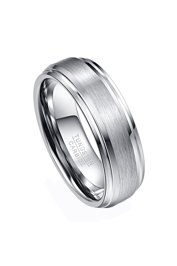 7mm Silver Tungsten Rings for Men Brushed Finish Wedding Band with Beveled Edges Comfort Fit