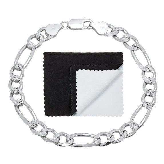 7mm Solid .925 Sterling Silver Flat Figaro Chain Bracelet, 8 inches + Gift Box