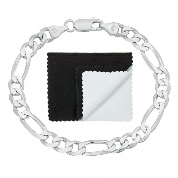 7mm Solid .925 Sterling Silver Flat Figaro Chain Link Bracelet, 8 inches + Gift Box