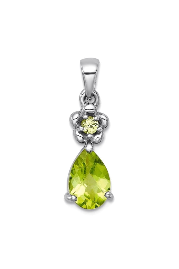 7mm Ss Rhodium Plated Polished Peridot Floral Teardrop Pendant Necklace Pendant for Women