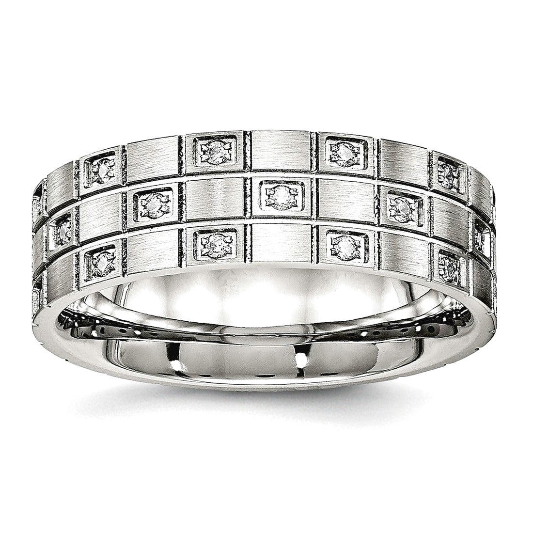 7mm Stainless Steel Brushed Grooved Cubic Zirconia Ring Size 9 Ring for Women