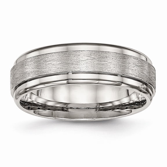 7mm Stainless Steel Brushed and Polished Ridged Edge Ring - Size 11.5