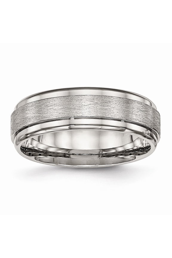 7mm Stainless Steel Brushed and Polished Ridged Edge Ring - Size 8