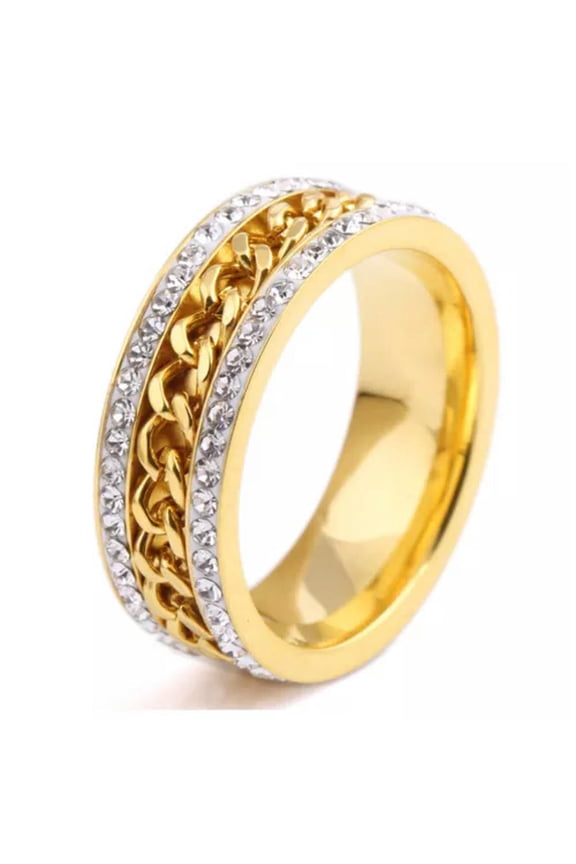 7mm Stainless Steel Chain Band AAA CZ Gift Women's 18K Gold Plated Ring Size 6-9
