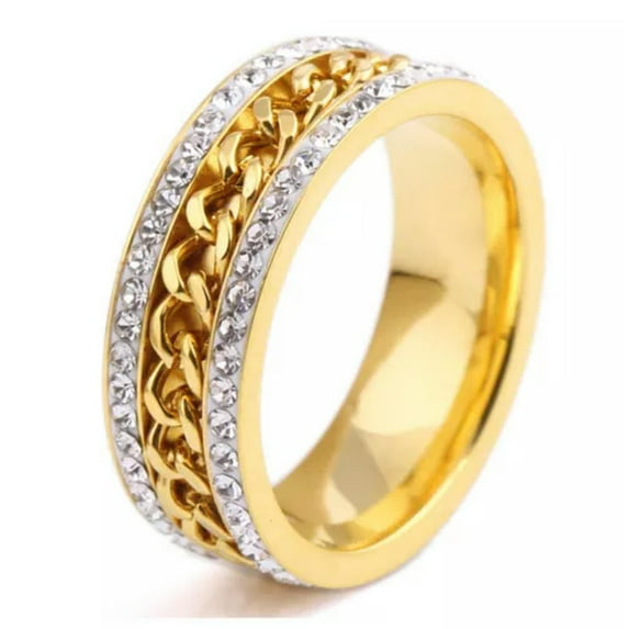 7mm Stainless Steel Chain Band AAA CZ Gift Women's 18K Gold Plated Ring Size 6-9
