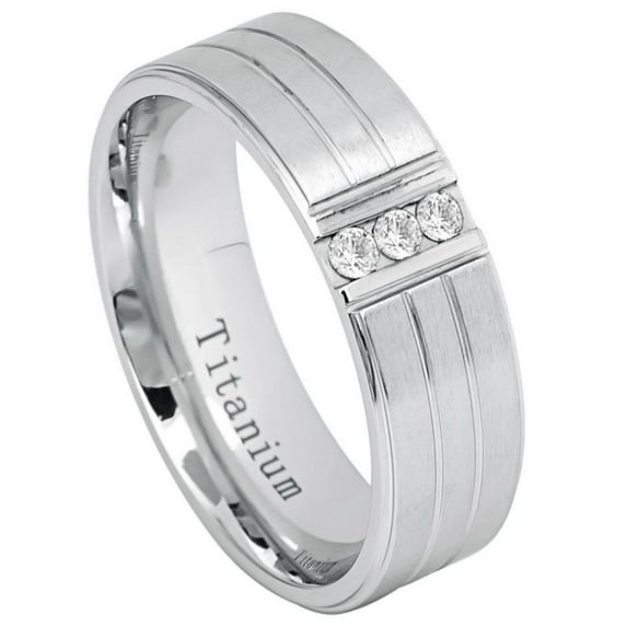 7mm Titanium Band White IP Plated Brushed Pinstriped with 3 Stacked CZs Wedding Band Ring Men Or Ladies