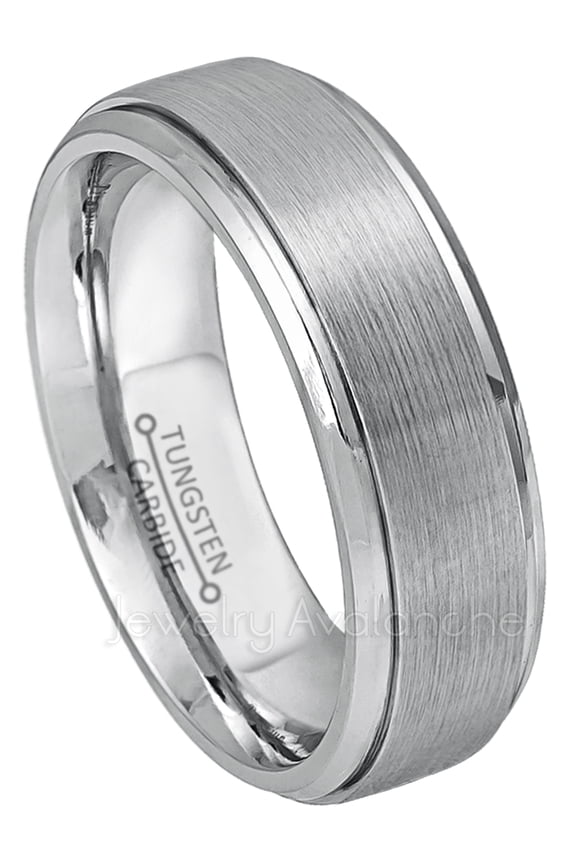 7mm Tungsten Wedding Band - Brushed Finish Comfort Fit Tungsten Carbide Ring - Stepped Edge Tungsten Anniversary Ring - TN068s14