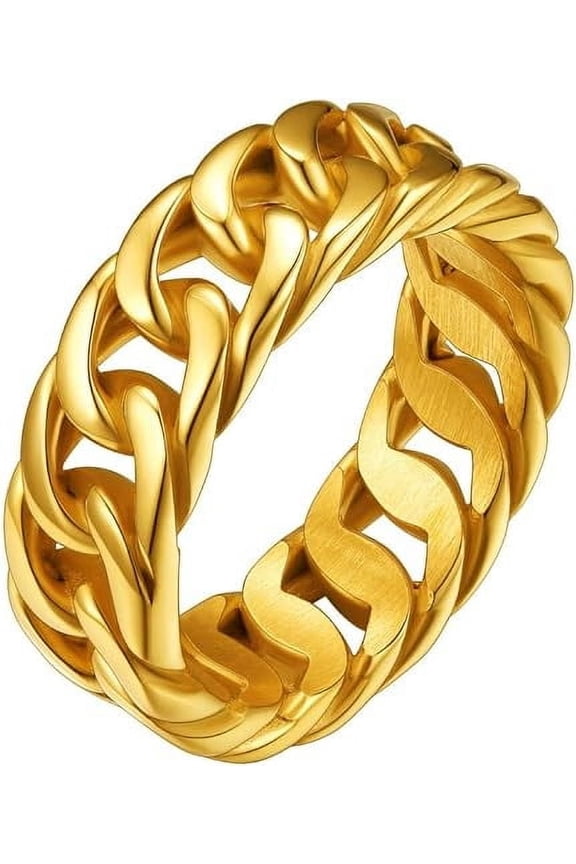 7mm Wide Stainless Steel Cuban Link Rings for Men Women Silver/Black/Gold Plated Punk Band Ring Birthday Christmas Jewelry Gift, Size 7-14