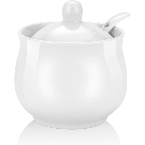 7oz Farmhouse White Ceramic Sugar Bowl with Lid and Spoon Salt Container Jar for Coffee Table Porcelain Condiment Pot for Seasoning