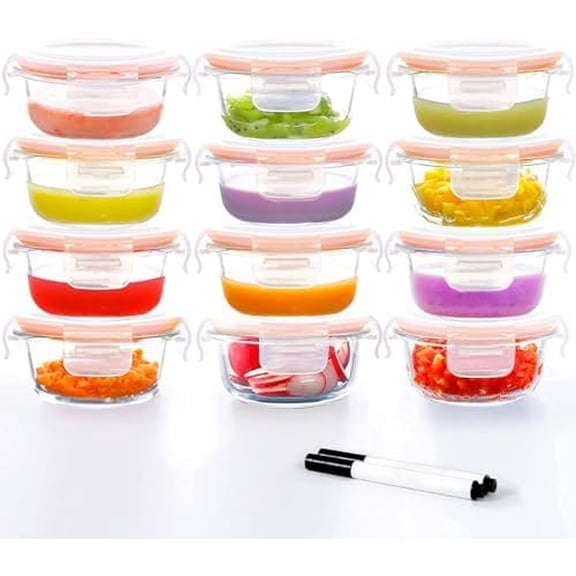 7oz Glass Containers, 12 Pack with Leakproof , Stackable, Freezer Safe, Containers for Fruit Purees and Vegetable Mashes