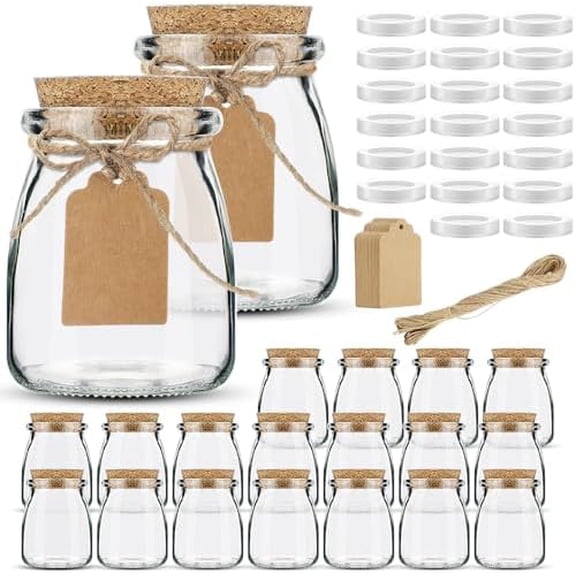 7oz Small Glass Jars with Cork Lids, 20 Pack Yogurt Container with PE Lids for Candy, Cake, Pudding, Yogurt, Jam, Empty Candle Jars for Candle Making, Extra Tags and String