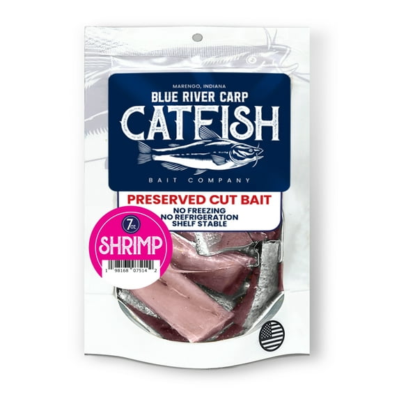 7oz package - Shrimp Scented Fillets for Catfish Bait. Preserved Cut Bait by Blue River Carp. No Refrigeration or Freezing