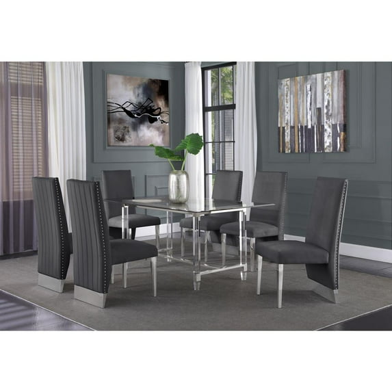7pc. 68" x 40" Glass Dining Set with 6 Chairs and Silver Stainless Steel
