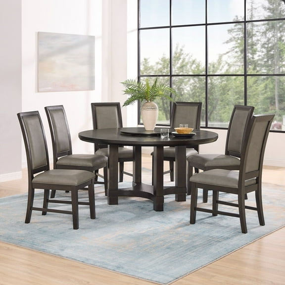 7pc Beautiful Dining Set Round Lazy Susan able Faux Leather Upholstery Chairs Brown Finish Furniture