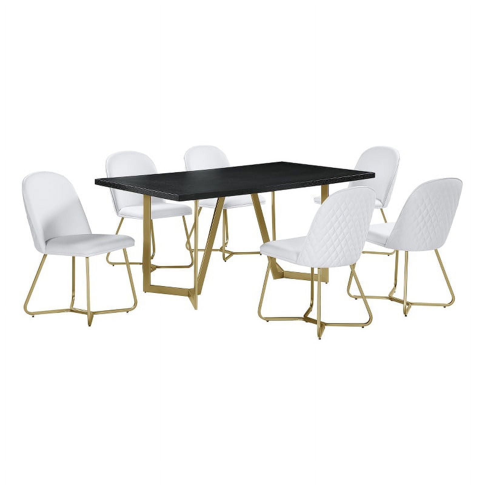 7pc Black Wood Top Dining Set with White Faux Leather Chairs and Gold