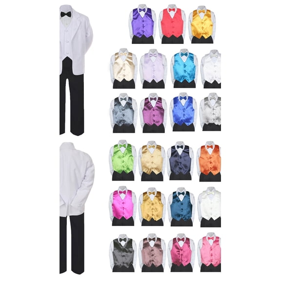 7pc Boy Formal Black & White Suit Tux Set Satin Bow Tie & Vest Baby Sm-20 Teen