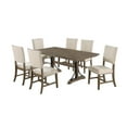 thumbnail image 1 of 7pc Brown Oak Wood Dining Set with 6 Beige Linen Upholstered Chairs, 1 of 5