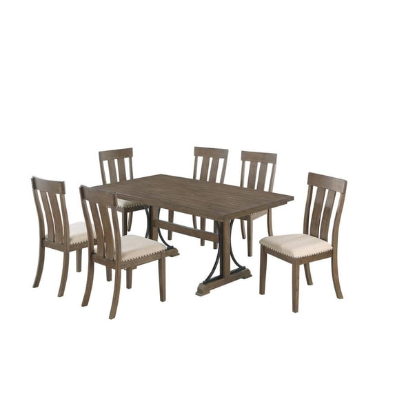 7pc Brown Oak Wood Dining Set with 6 Beige Linen Upholstered Chairs