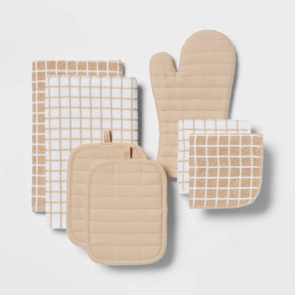 7pc Cotton Kitchen Textile Set - Includes Oven Mitt, Kitchen Towels, Pot Holders, Dish Cloths