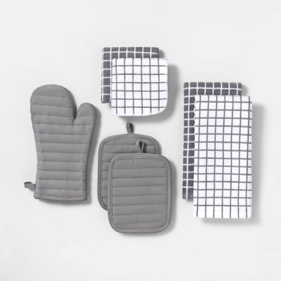 7pc Cotton Kitchen Textile Set - Includes Oven Mitt, Kitchen Towels, Pot Holders, Dish Cloths