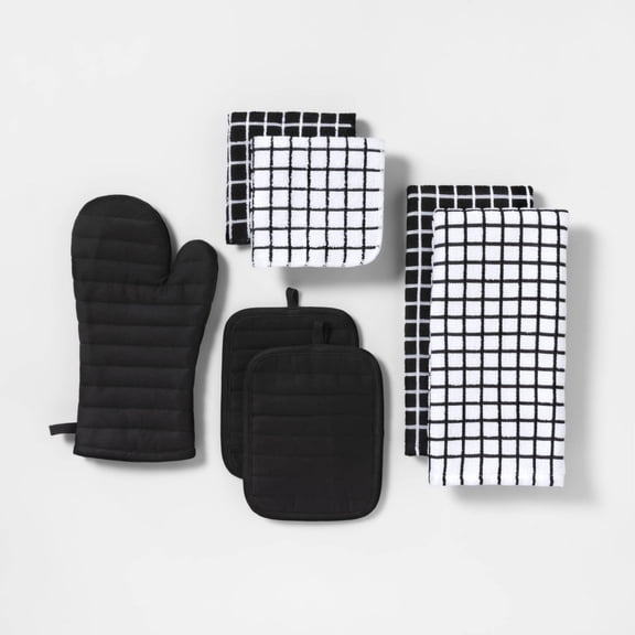 7pc Cotton Kitchen Textile Set - Includes Oven Mitt, Kitchen Towels, Pot Holders, Dish Cloths