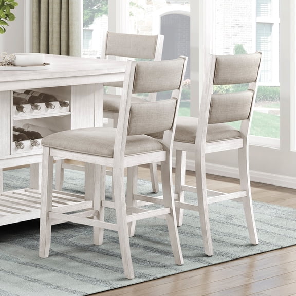 7pc Counter Height Dining Set Antique White Finish Table with Storage Drawers Wine-Rack Shelves 6x Chairs Upholstered Seat Furniture