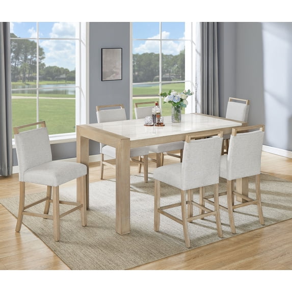 Material Count App 7pc Counter Height Dining Set White Genuine Marble Top Table ...