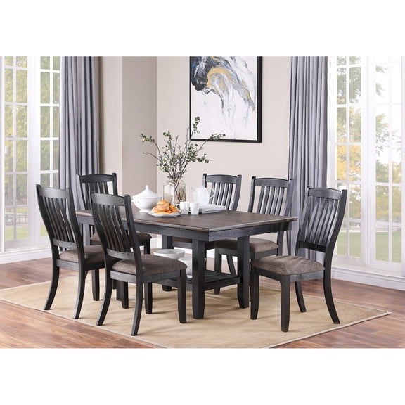 7pc Dark Coffee Dining : Rubberwood Table With Storage Shelf & 6 Fabric Upholstered Chairs, Contemporary, Modern, Slat Back Contemporary Chairs