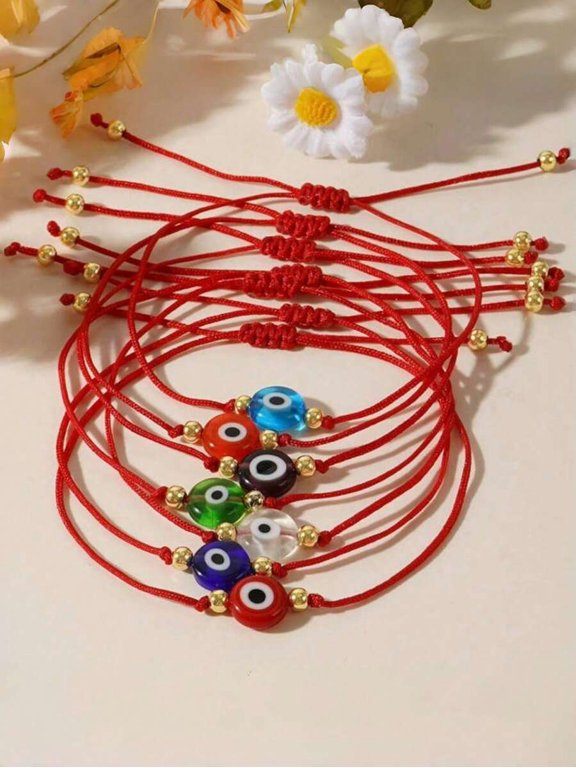 7pc Demon Eye Beaded Rope Bracelet Set - Red Cord With Glass Evil Eye
