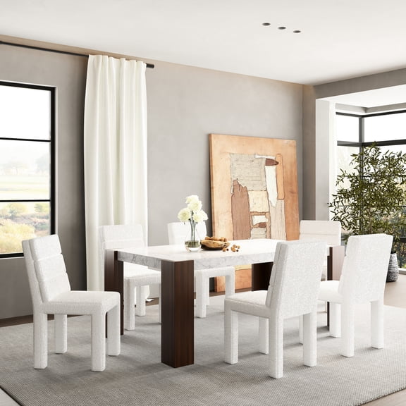 7pc Dining Collection: Engineered Stone Table & 6 Chairs, Boucle Upholstery, Wooden Legs, Beige And Brown Option 7 Room Up: With Marble Top, Plastic Feet, Beige/brown