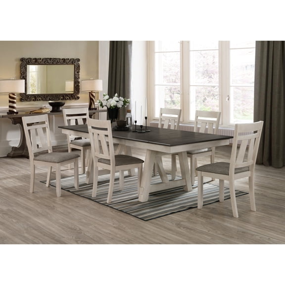 7pc Dining Ensemble, Chalk Gray, Solid Wood, Table With Self-storing Leaves, Upholstered Chairs, Seating For 6 Transitional Furniture , Seats, Seats