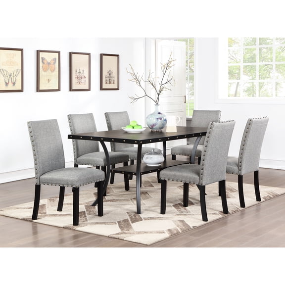 7pc Dining Room Setup: Rectangular Wood Table With Storage Shelf & 6 Gray Fabric Padded Chairs Nail Heads Trim Assembly: Marvelous And