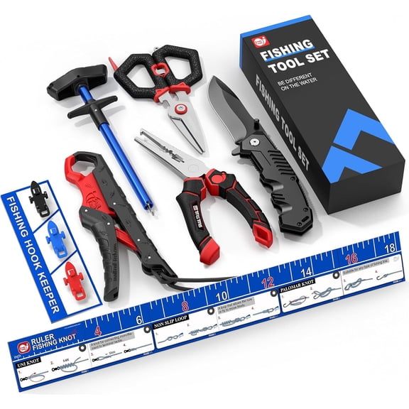 7pc Fishing Tool Kit - 17" Pocket Fish Ruler & Knot Tying Guide, Split Ring Pliers, Braid Scissors & Bait Knife. Fish Lip Gripper, Hook Remover and Hook Keeper. Fisherman Gifts