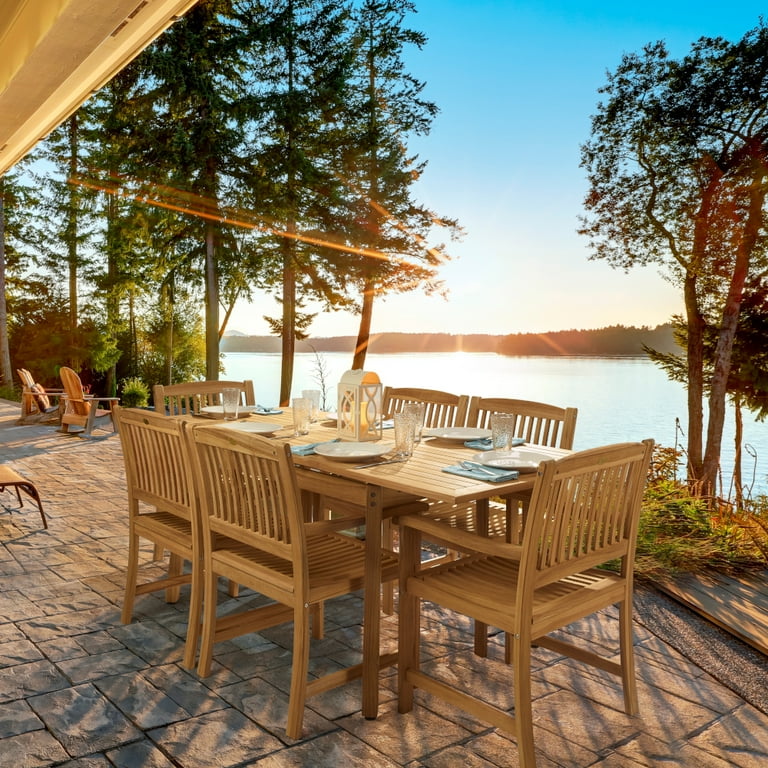 7pc Grade A Kiln Dried Solid Teak Outdoor Patio Dining Set with Captains Chairs and Extendable Leaf Table with Umbrella Hole