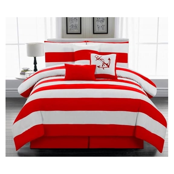 7pc. Microfiber Nautical Themed Comforter Set, Red Striped, California King Size