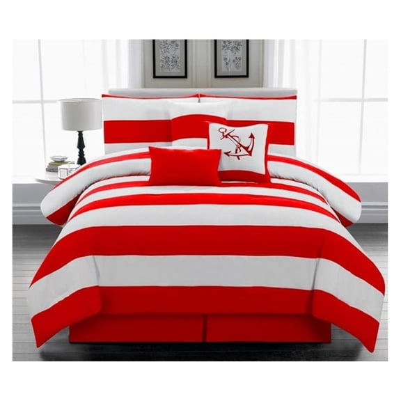 7pc. Microfiber Nautical Themed Comforter Set, Red and White Striped King Size