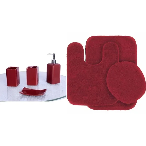 Gorgeous Home Linen 7-Piece Ultra Soft Chenille Non-Slip Bath Mat & Ceramic Accessory Set, Burgundy