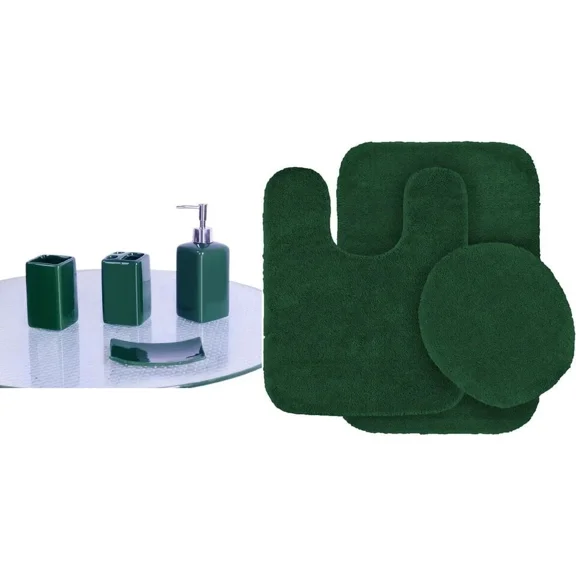 Gorgeous Home Linen 7-Piece Ultra Soft Chenille Non-Slip Bath Mat & Ceramic Accessory Set, Hunter Green