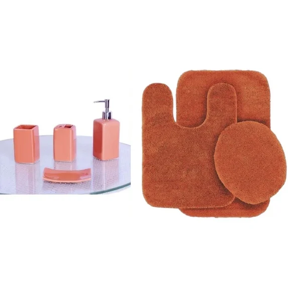 Gorgeous Home Linen 7-Piece Ultra Soft Chenille Non-Slip Bath Mat & Ceramic Accessory Set, Rust