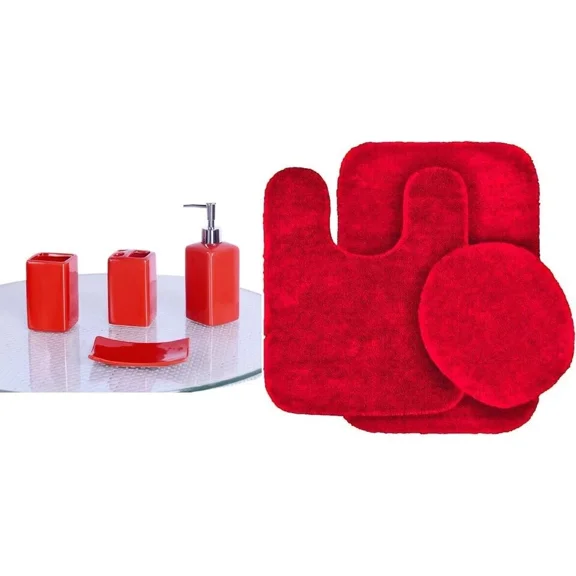 Gorgeous Home Linen 7-Piece Ultra Soft Chenille Non-Slip Bath Mat & Ceramic Accessory Set, Red