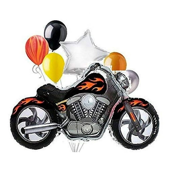 7pc Pieces BLACK Motorcycle with Orange-Yellow Flames Mylar and Latex Balloon Bouquet Set