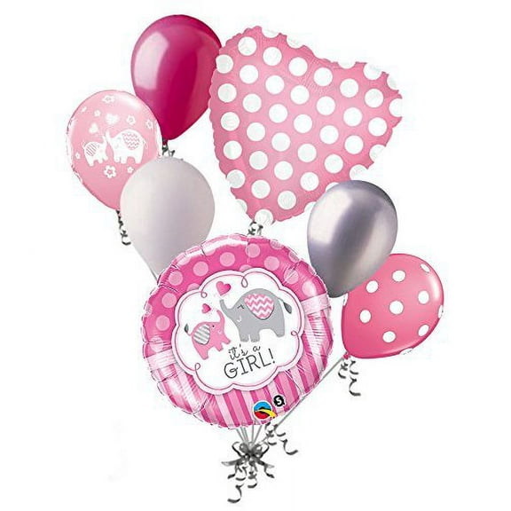 7pc Pink Polka Dot Elephant Baby Girl Balloon Bouquet It's a Shower Welcome Home