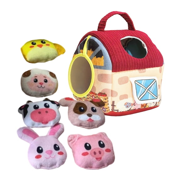 7pc Plush Toy Set - Bee Hide-and-Seek Farmhouse Infant & Toddler Plush Playset with 6 Animal Stuffed Toys, Portable Barn Design for Kids, Soft Huggable Farm Animals for Cuddling, Playtime, Nursery De