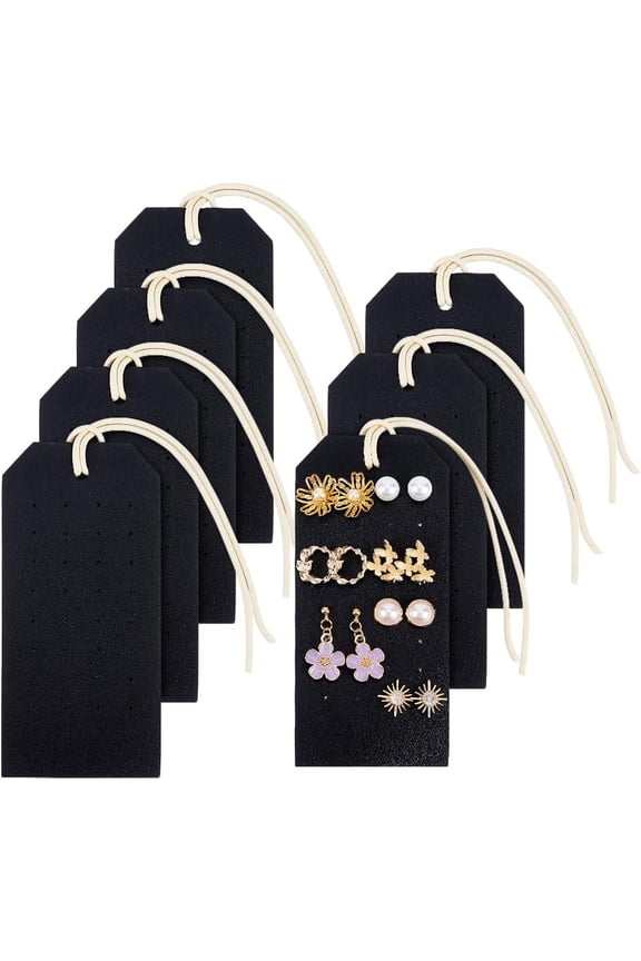 7pc Portable PU Leather Earring Display Cards Earring Stud Hanging Jewelry Organizer Rectangle Black 11x5x0.2cm Hole: 1.2mm