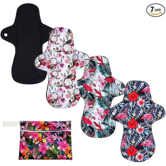 7pc Reusable Washable Cloth Pads Set Including 6PC Heavy Flow Feminine Hygiene Bamboo Charcoal Cloth Reusable Menstrual Pads Cloth Sanitary Pads + 1PC Mini Wet Bag