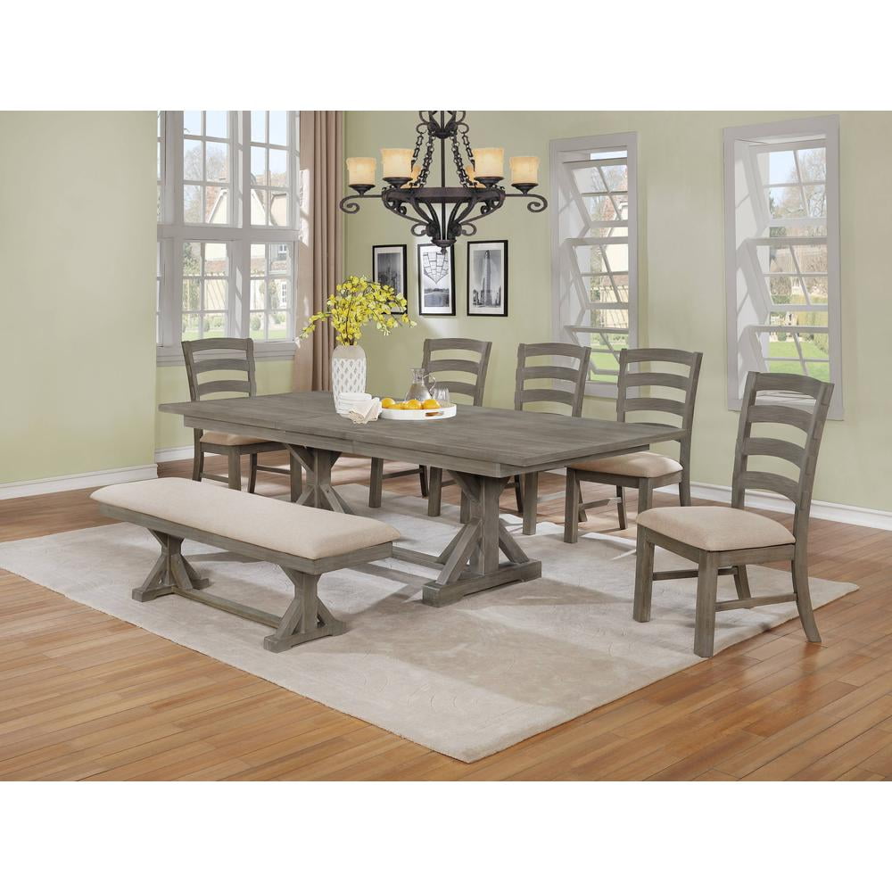Rustic Trestle 7-Piece Wood Dining Set with Beige Linen Chairs