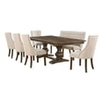 thumbnail image 1 of 7pc Walnut Wood Dining Set with Extendable Table + Beige Linen Chairs + Bench, 1 of 5